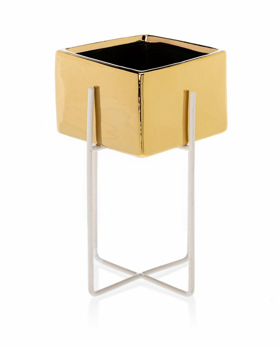 HowHomely Mizu Serie - Tuinpot - Gold Wit - 21 cm - Metalen Standaard