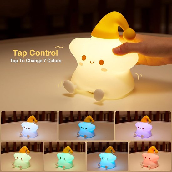 PolkaHome® Ster Nachtlampje Kinderen - 7 Kleuren RGB - USB Oplaadbaar - Dimbaar - Touch Sensor - Siliconen Baby Nachtlamp - Zacht & Veilig - Kinderkamer Lamp van PolkaHome — afbeelding 3
