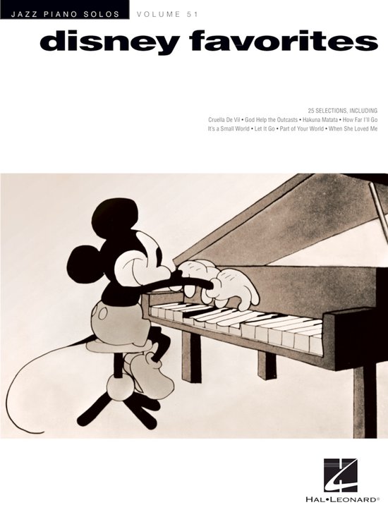 Mickey Mouse speelt op een piano. Titel: Disney Favorites, Jazz Piano Solos Volume 51.