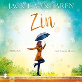 Boekcover "Zin" van Jackie van Laren, met een vrouw in een oranje jas onder een paraplu. Roman, Deel 1 van de Q-serie.