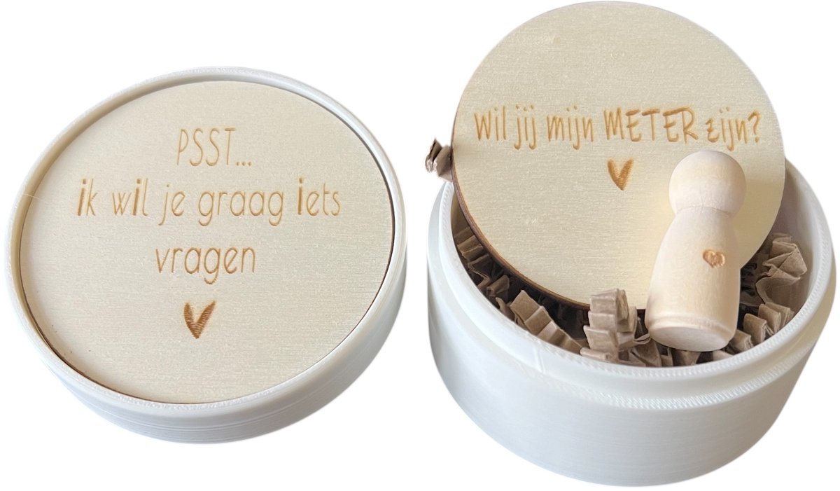 Doosje baby | peg doll | wil jij mijn meter zijn | meter vragen | meter worden | peettante vragen | peettante worden | cadeau | doosje met een vraag