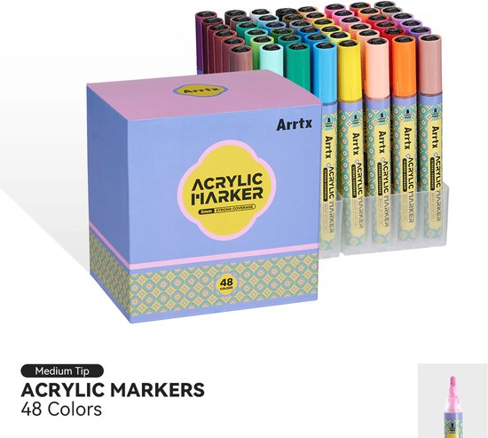 Doos met 48 Arrtx acrylmarkers, medium tip. Diverse kleuren.
