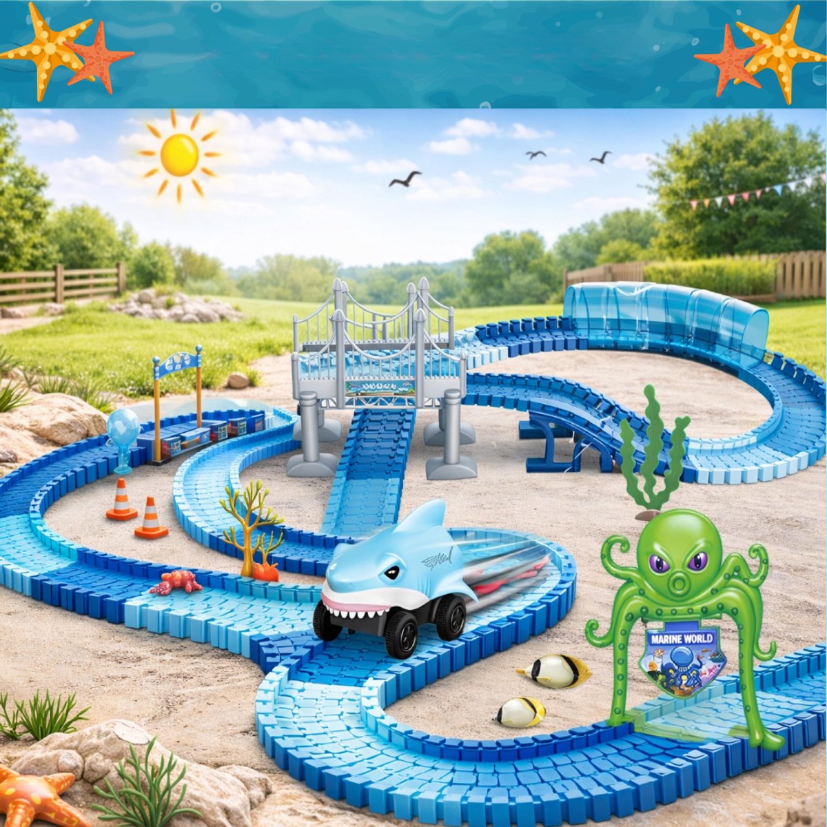 Montzys® Haai Racebaan - 183 Delige Autobaan - Dino Speelgoed Elektrisch - Flexibele Auto Racetrack - Sinterklaas & Kerst Cadeau Voor Kinderen — afbeelding 6