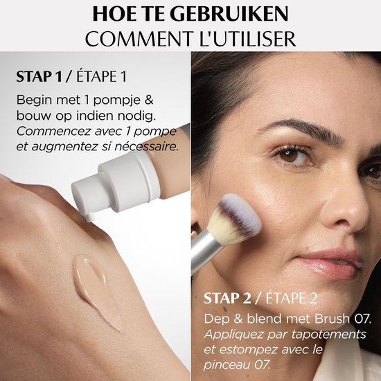 Stap 1: pomp foundation op hand. Stap 2: dep en blend met brush 07.
