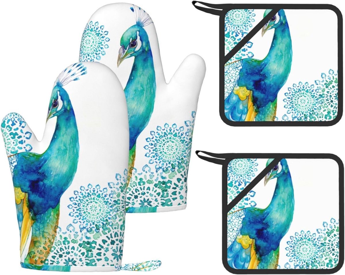 Ovenhandschoenen Set - Hittebestendige Wanten - Koken Bakken Barbecueën - Decoratief Design - 28x18 cm - Pauw Bloemenprint
