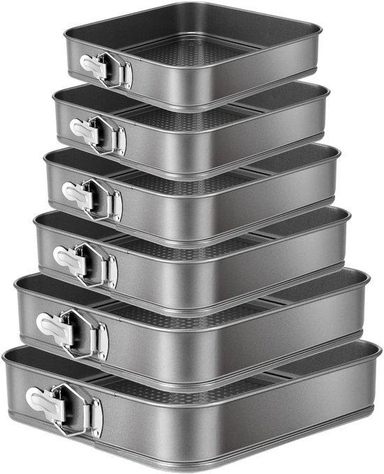 Moule à pâtisserie carré - Set de 6 pièces - Moules à gâteau - Set de moules à charnière - Revêtement antiadhésif - 18 à 28 cm - Fond amovible - Empilable - Pour gâteau, tarte, brownie - Noir