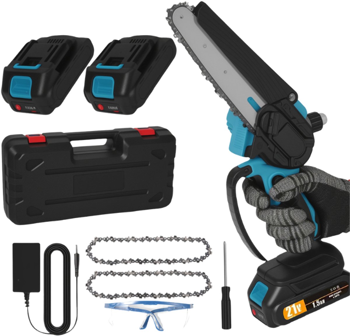 DIMICO - Elektrische kettingzaag mini - Snoeizaag draadloos - 21V en 2 accu's - 15 cm zaagblad - Voor takken, struiken, hout -