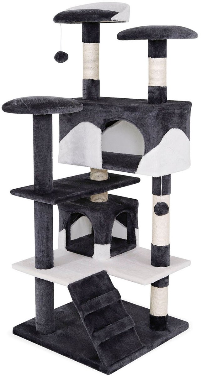 lionto Kattenkrabpaal 130 cm groot, met trap, grot & speelballen, grijs/wit