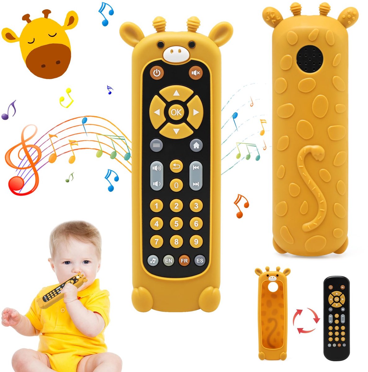 Namajunas - Baby Afstandsbediening met giraf siliconen deksel - Montessori speelgoed - Sensorisch speelgoed voor pasgeborenen 6-9 maanden - Muziekspelletjes met muziek, geluid, lachlieddialoog, verschillende melodieën - jongens en meisjes - cadeau