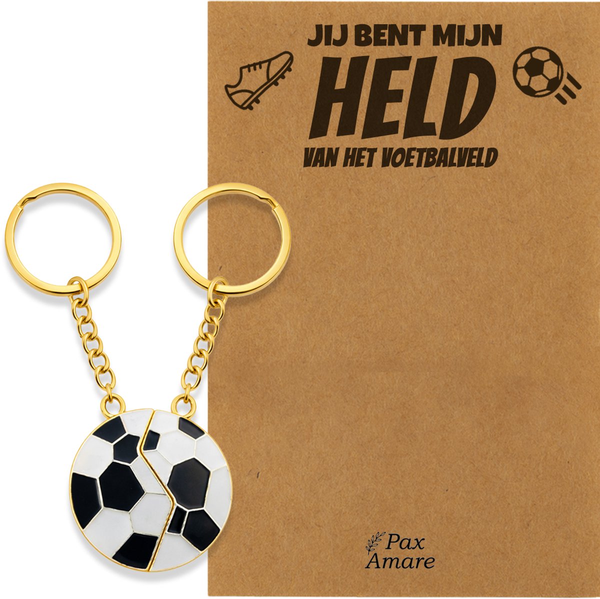 BFF Sleutelhanger voor 2 'Jij bent mijn held van het Voetbalveld' - Magnetische Voetbal - Sleutelhanger set op Cadeau Kaartje - Goudkleurig - Vriendschap Symbool - Pax Amare