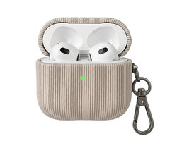 Luxe geribd hoesje voor oordopjes – Vertical Stripe design met sleutelhaak, geschikt voor AirPods 4 (Grijs)