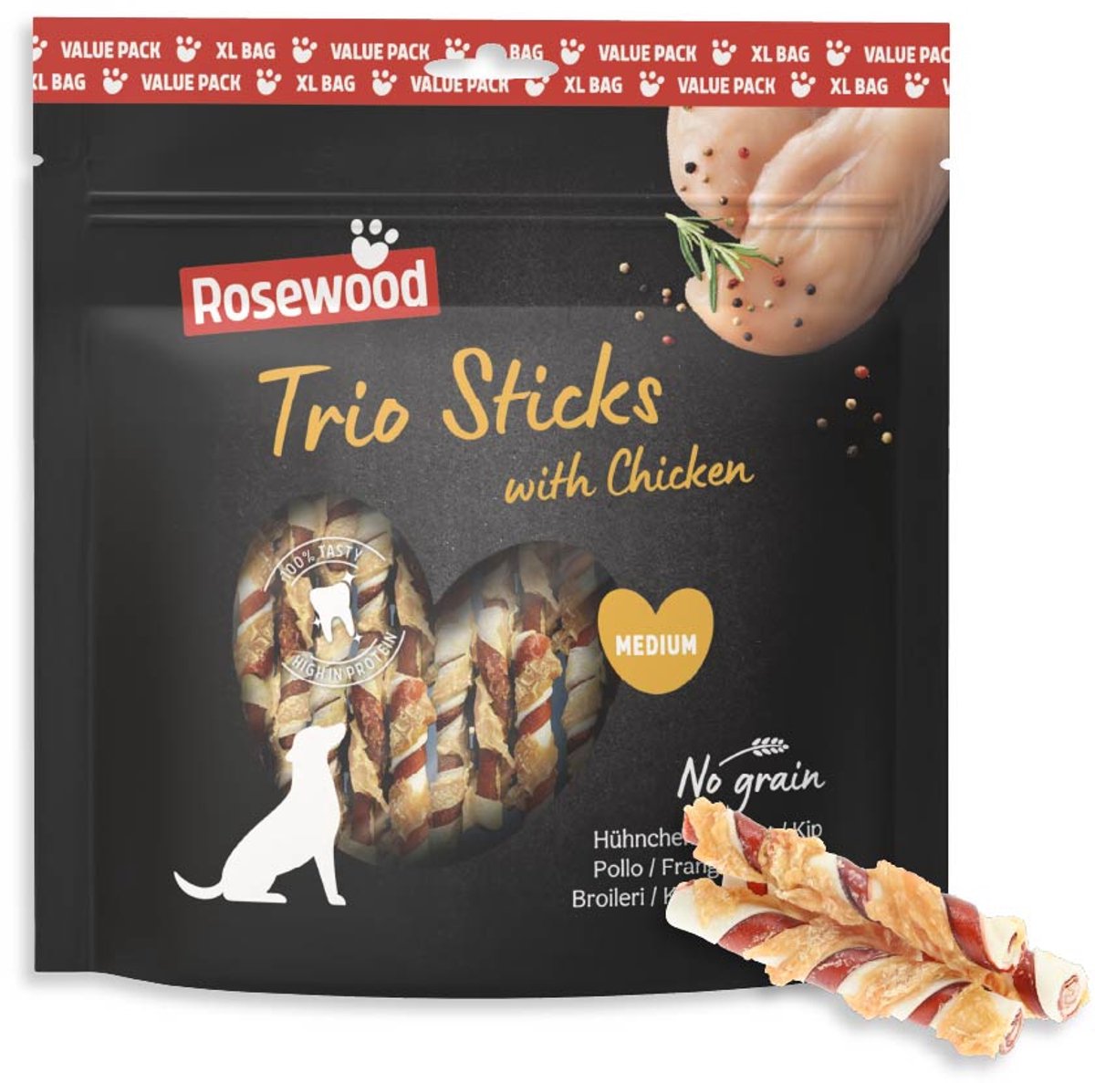 Rosewood Trio Sticks Medium Hondensnack Kip 450 g - Kauwsticks Runderhuid - Kauwsnack - Graanvrij