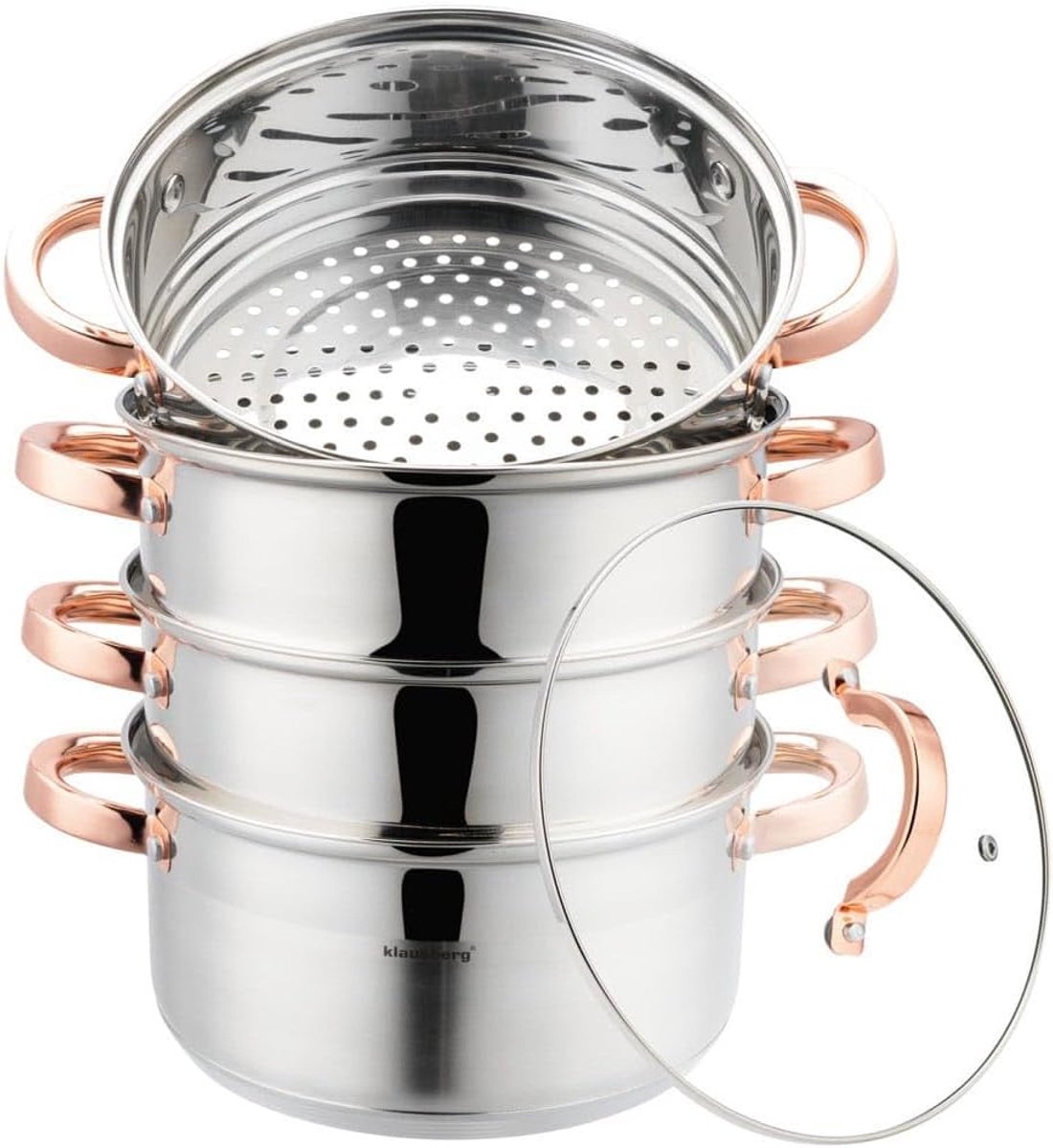 Stoompan Pannenset - Stoomkoker Kookpan - Gezond Koken - Roestvrij Staal - 22 cm - Zilver Roségoud