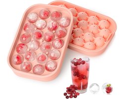 IJsblokjesvormen voor de koelkast – 2-delige set – Siliconen vormen voor ijsbollen met deksel – BPA-vrij – Eenvoudig los te maken – Maak zelf ronde ijsblokjes – Ideaal voor cocktails & koffie – Roze
