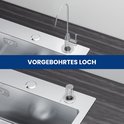 Évier en inox avec trou pré-percé pour robinet et distributeur de savon.