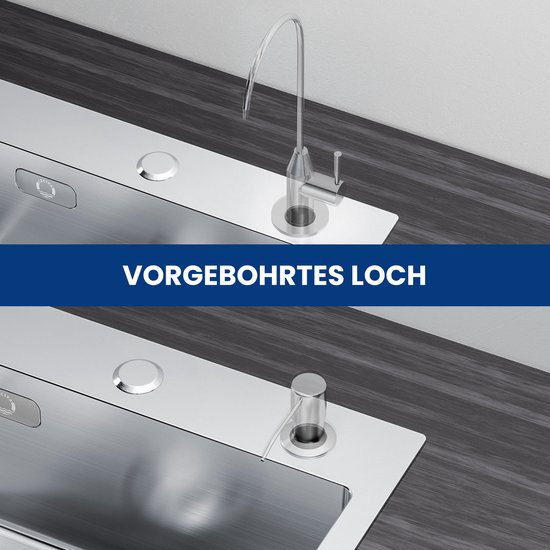 Évier en inox avec trou pré-percé pour robinet et distributeur de savon.