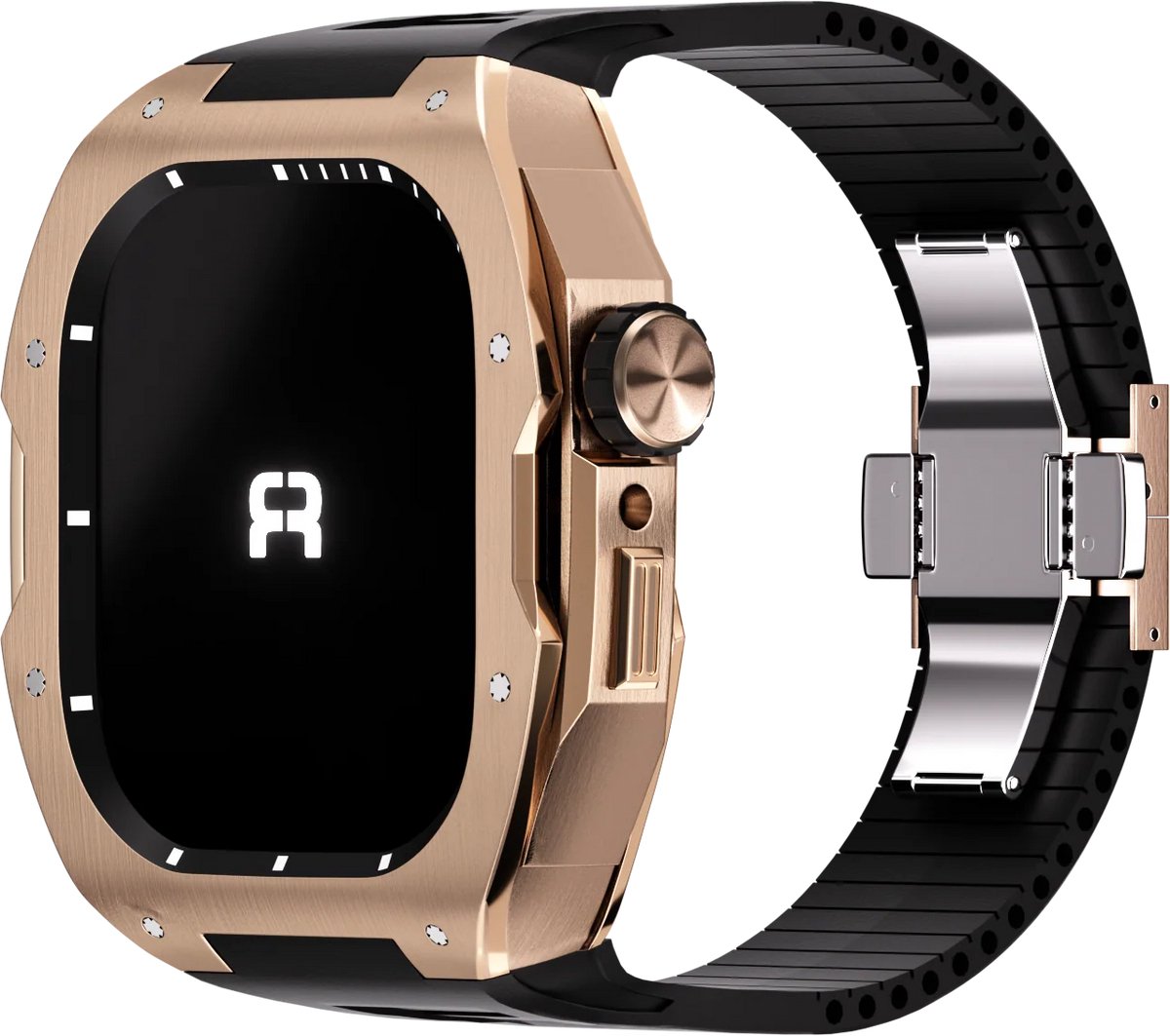 Reqior Case met rubberen bandje Rubber – geschikt voor Apple Watch 7 45mm / Apple Watch 8 45mm / Apple Watch 9 45mm – stevig, comfortabel – Rose Gold