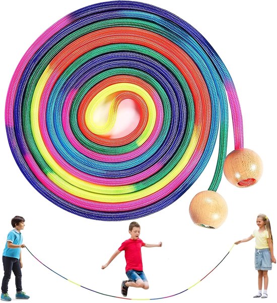 Springtouw voor kinderen & sport — Speed ​​Rope met houten handvatten — Regenboogkleurig touw — 5 m