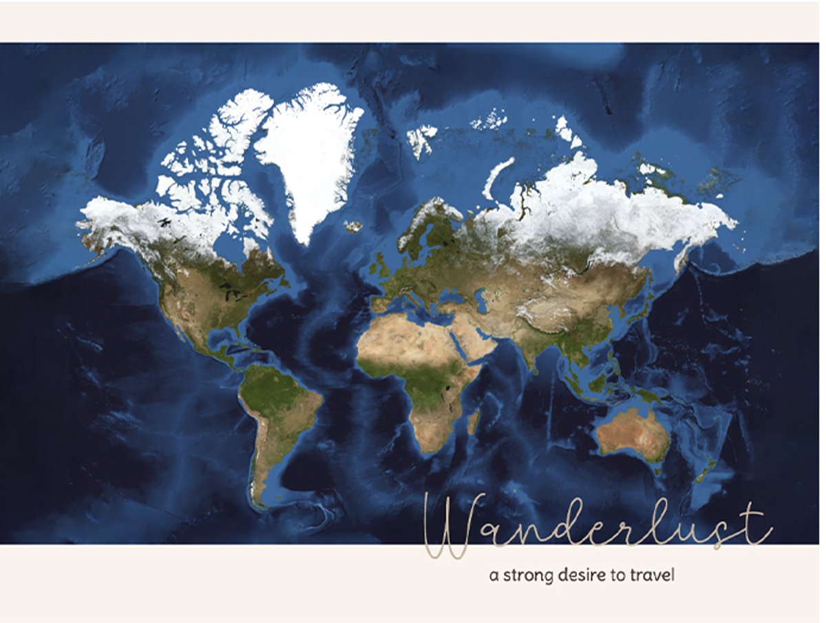 Wereldkaart 40x30 cm - Aluminium - Voelbaar 3D Reliëf - Gebroken Wit - World map - Wanderlust - Vintage - Retro - Muurdecoratie - Wanddecoratie