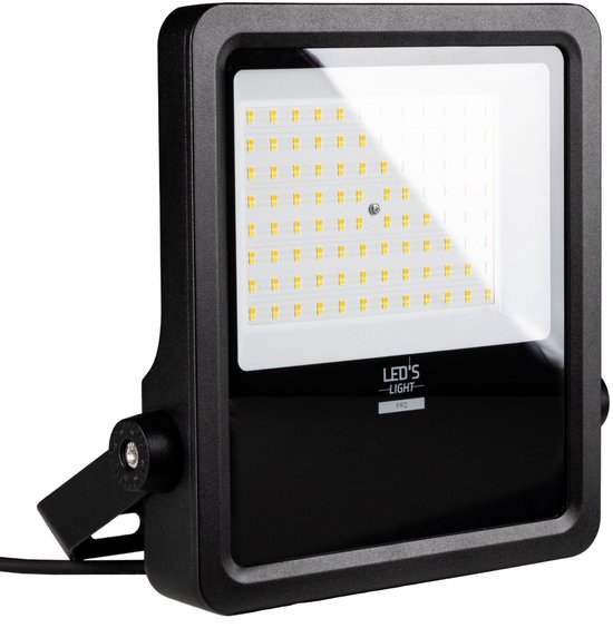 Zwarte LED schijnwerper met verstelbare beugel en 100W vermogen, met LED's Light Pro logo.