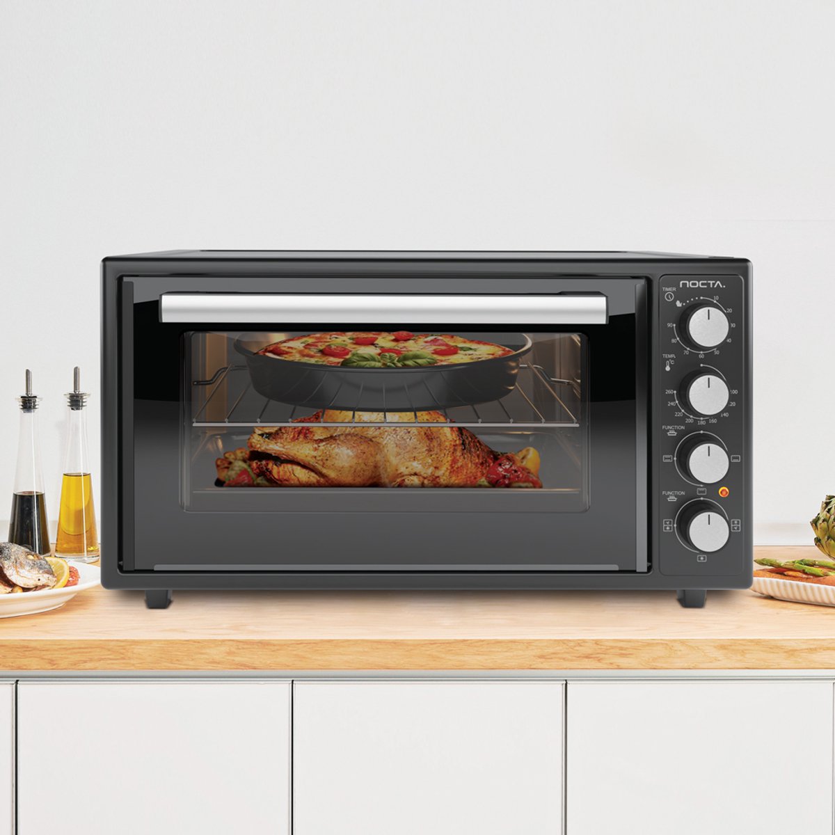 Nocta Elektrische Hetelucht Oven 50L – Vrijstaande Oven Zwart 2000W – Turbo Fan, Grill, Timer, Verlichting en Ontdooifunctie