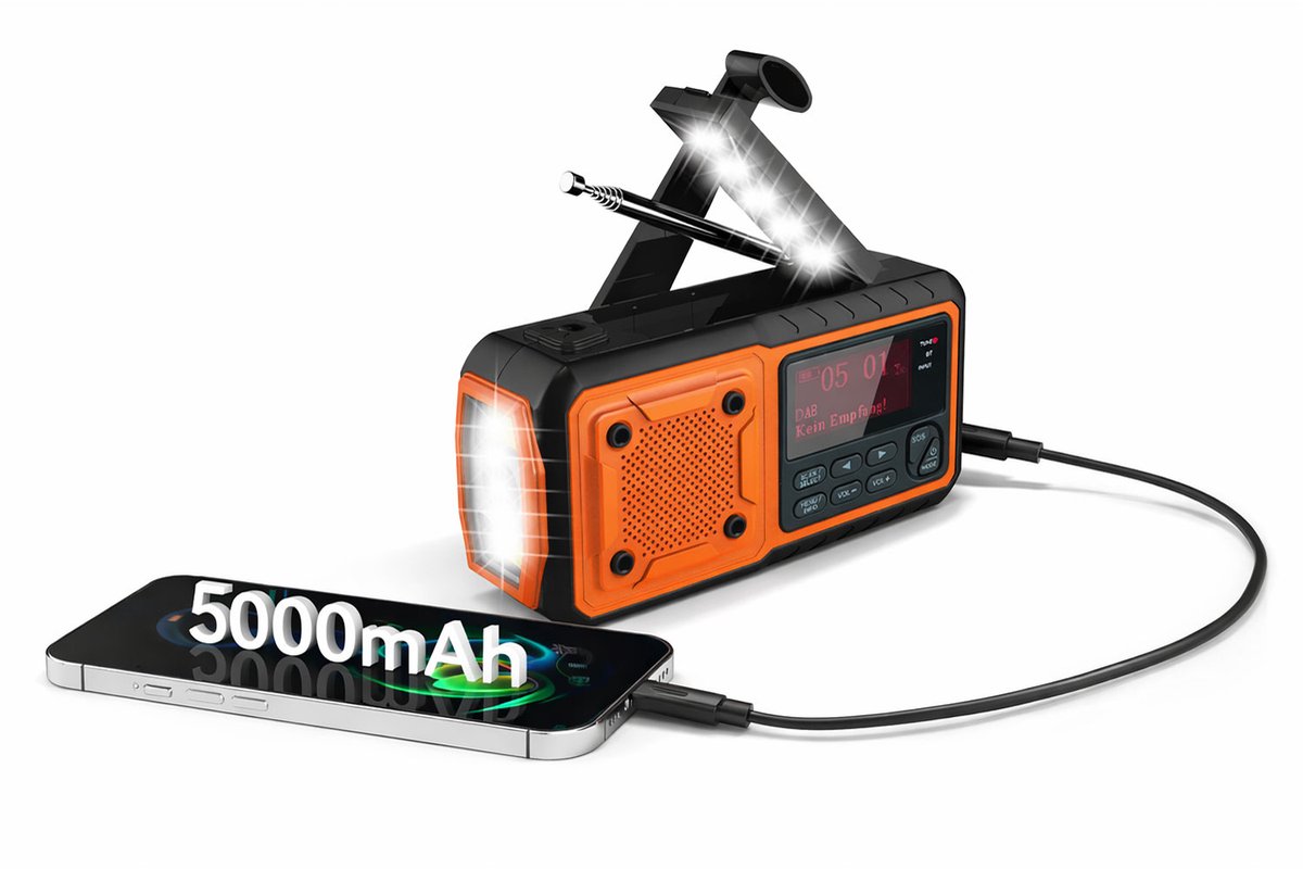 FlinQ RescueWave DAB+/FM/Bluetooth Noodradio Solar, Opwindbaar, Batterij, USB-C - Ideaal voor noodpakket - Draagbare Survival Radio - 5000 mAh - SOS-alarm - Wekker - Powerbank Zonneenergie - Bouwradio - Opwindbare Zaklamp