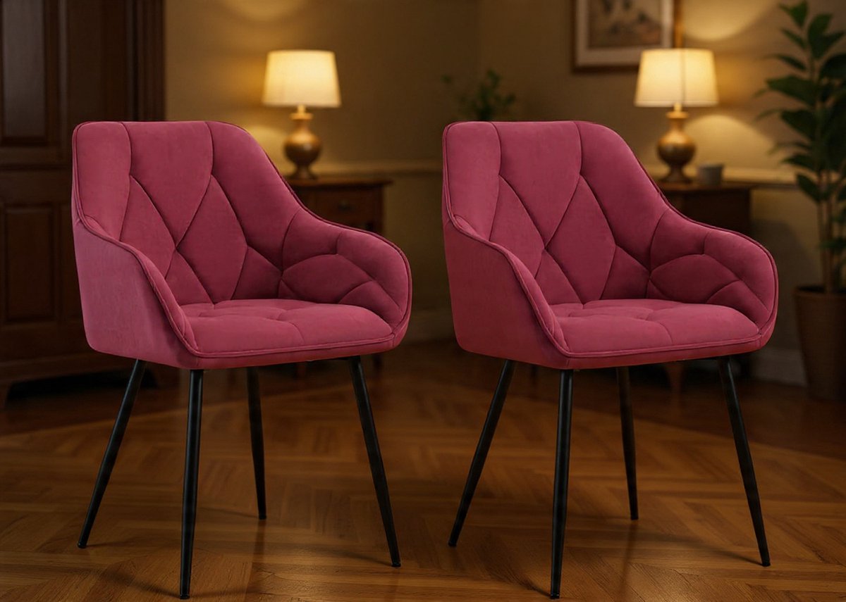 Luxe Eetkamerstoelen Set van 2 – Ergonomische Gepolsterde Velvet Stoelen met Armleuningen – Metalen Poten – Bordeaux Rood – 41 x 42 x 83,5 cm – Moderne Design Stoelen-Novihome