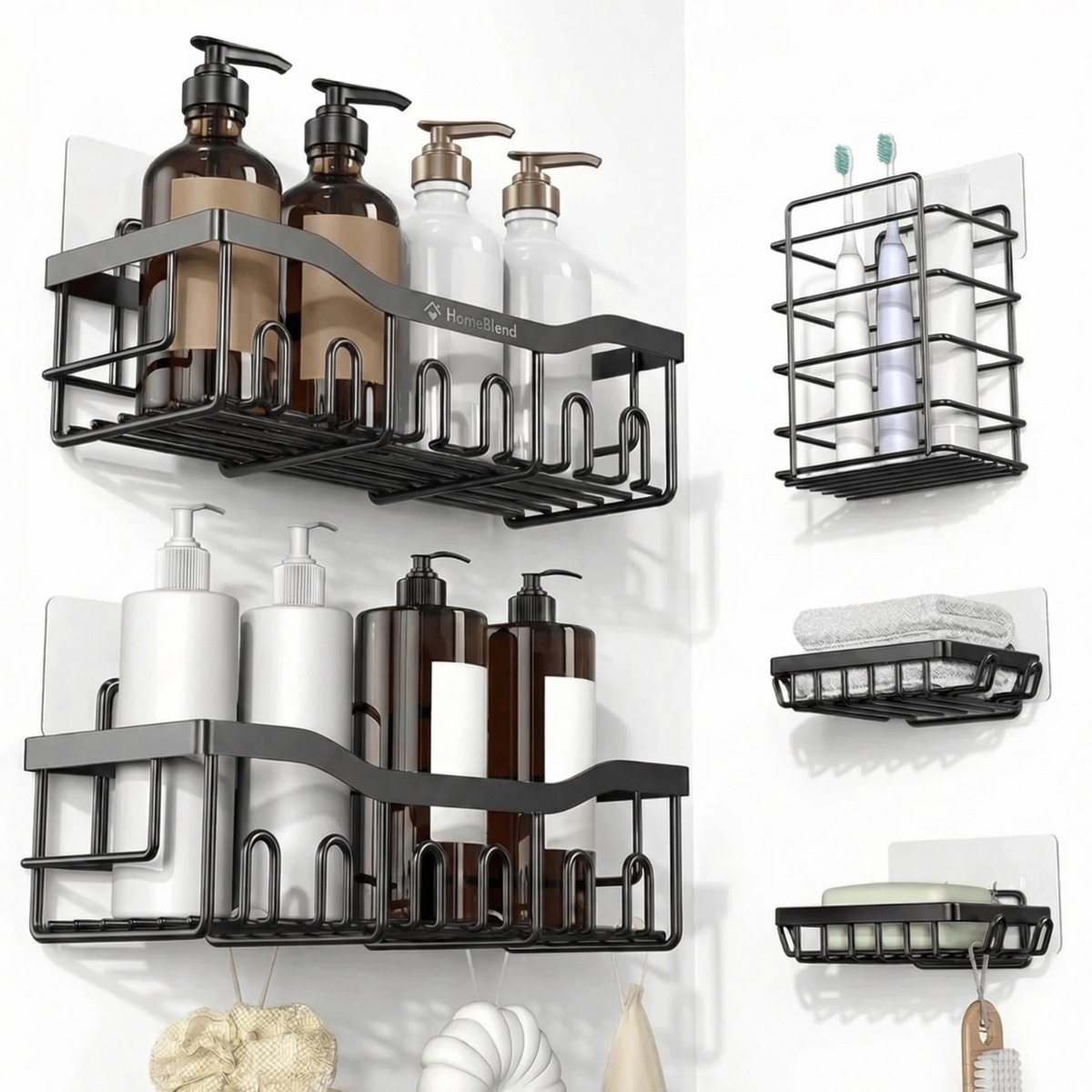 Homeblend Plakstrip Doucherek - zonder boren - mat zwart - 5-delige set - 2 Doucherekken - 2 Zeephouders - Tandenborstelhouder - RVS Badkamer organizer