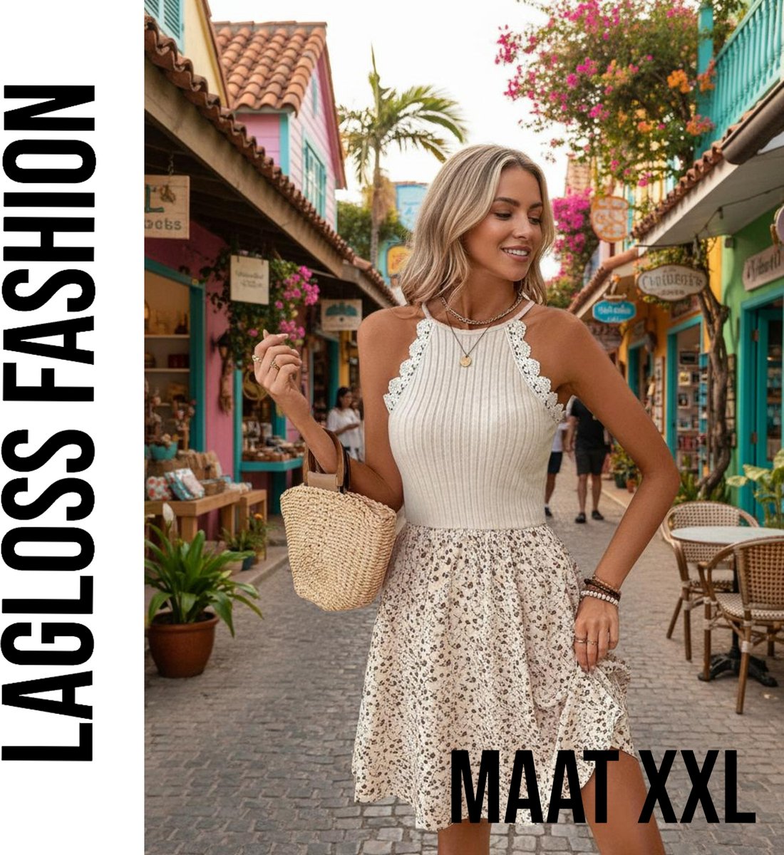 LaGloss® Kanten Halternek Bloemenprint Zomerjurk – Boho Strand & Casual Chic Jurkje – Maat XXL