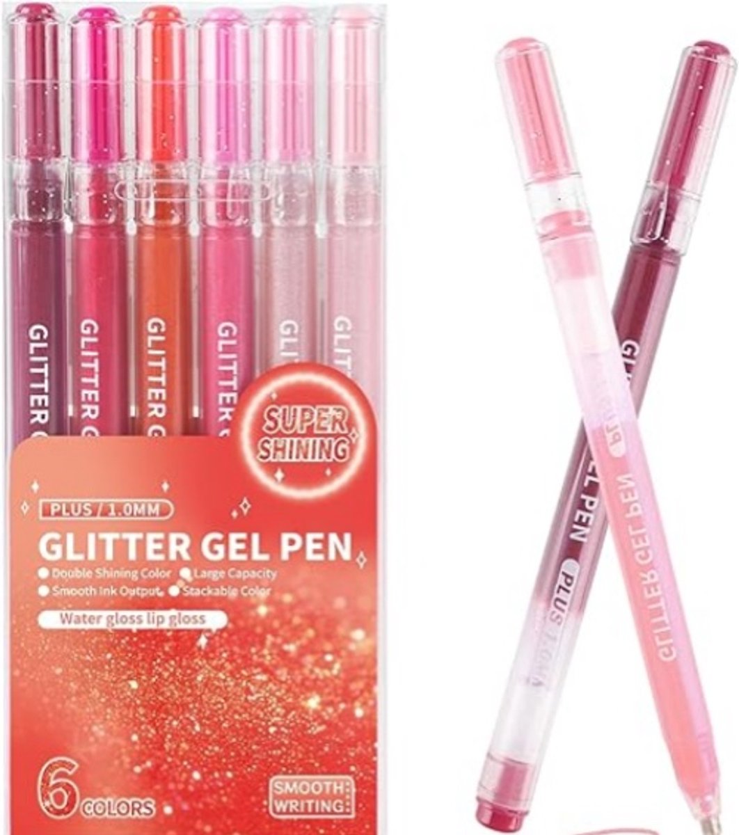 Namajunas - 6-delige Glitter Gelpennen Set – Gelpennen - Glitterpennen - Dubbele Glans Rood Kleuren – 1.0 mm – Grote Inktcapaciteit – Soepel Schrijven – Voor Volwassen Kleurboeken, Journaling, Tekenen & Creatief Werk
