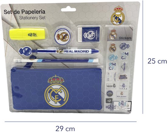 Verpakking van 25x29 cm met Real Madrid etui, pen, potlood, stickers, gum, markeerstift en rolletje tape.