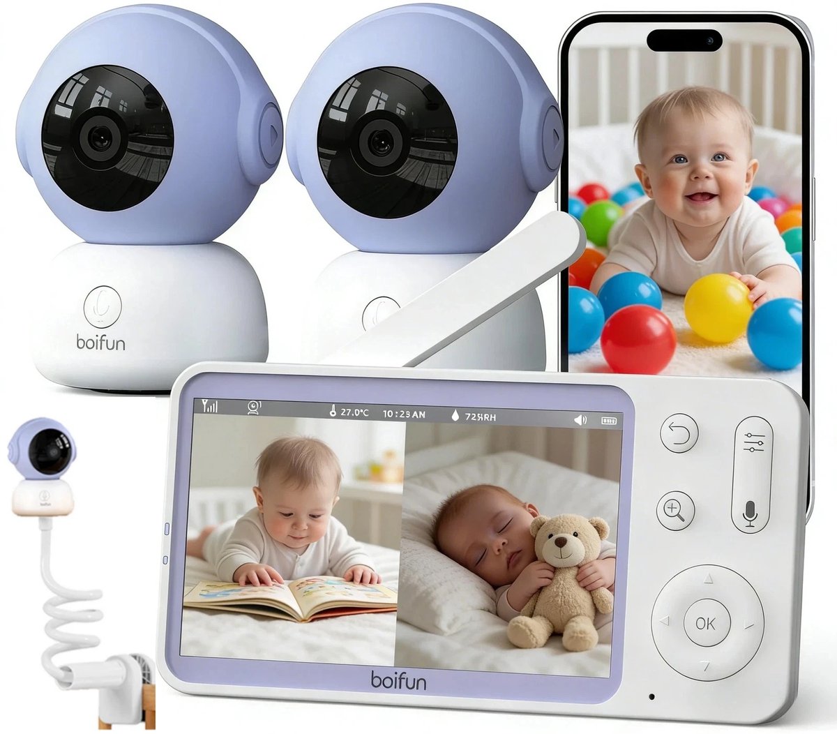 BOIFUN Babyfoon - babyfoon met 2 camera's - 2K HD-Nachtzicht - 5-Inch Display - Op Afstand Bestuurbaar - Video & Audio - Baby Monitor Houder