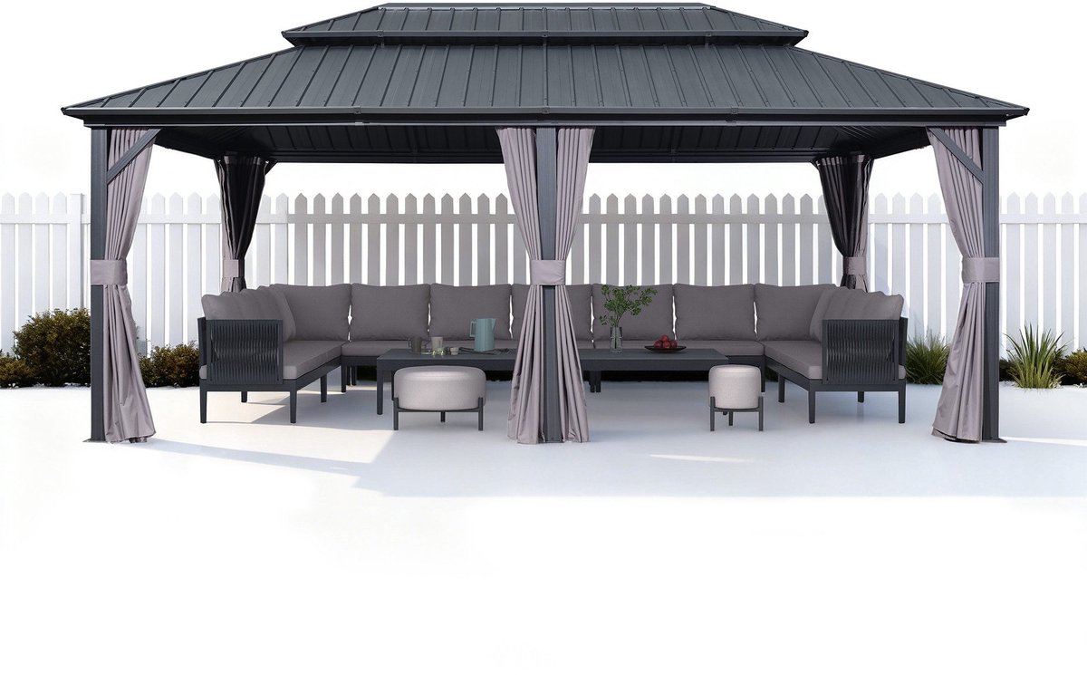 PURPLE LEAF Hardtop Aluminium Tuinpaviljoen – Dubbel dak – Hoogwaardige Gordijnen – Wind- en weerbestendig – Grijs