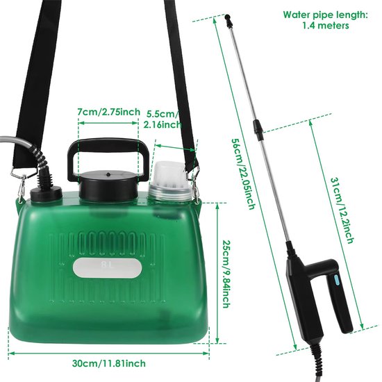 Accu Drukspuit 8 Liter - Druksproeier - Rugsproeier Tuin - Comfortabel Draagcomfort - Telescopische Lans - Regelbare Sproeikop - 2000 Mah - Groen van Merkloos	 — afbeelding 5