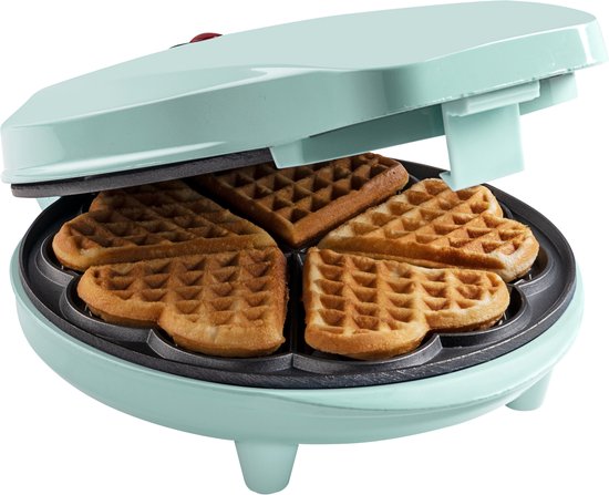 Bestron Wafelijzer voor klassieke hartwafels, Wafelmaker voor wafels in hartvorm, met indicatielampje & antiaanbaklaag, retro-design, 700 Watt, kleur: mint