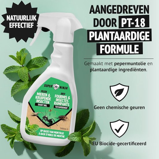 Wit sprayfles met groen etiket. De tekst 'Aangedreven door PT-18 plantaardige formule' staat prominent.