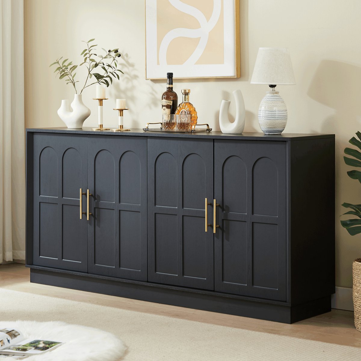 Pugsdrly Extra grote dressoir met opbergruimte, moderne vitrinekast met gebogen front, 169 cm lange tv-kast, geschikt voor woonkamer/keuken/eetkamer/hal, zwart, 169*40*80 cm