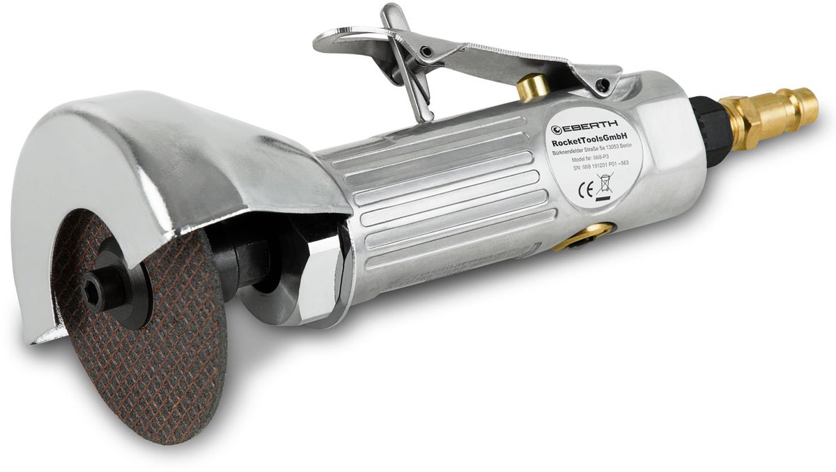 EBERTH haakse slijper doorslijper perslucht, 6 bar werkdruk, 1/4 inch aansluiting, 20000 tpm, doorslijpschijf Ø 75 mm, voor staal, roestvrij staal, aluminium, met persluchtaansluiting en bedieningsgereedschap