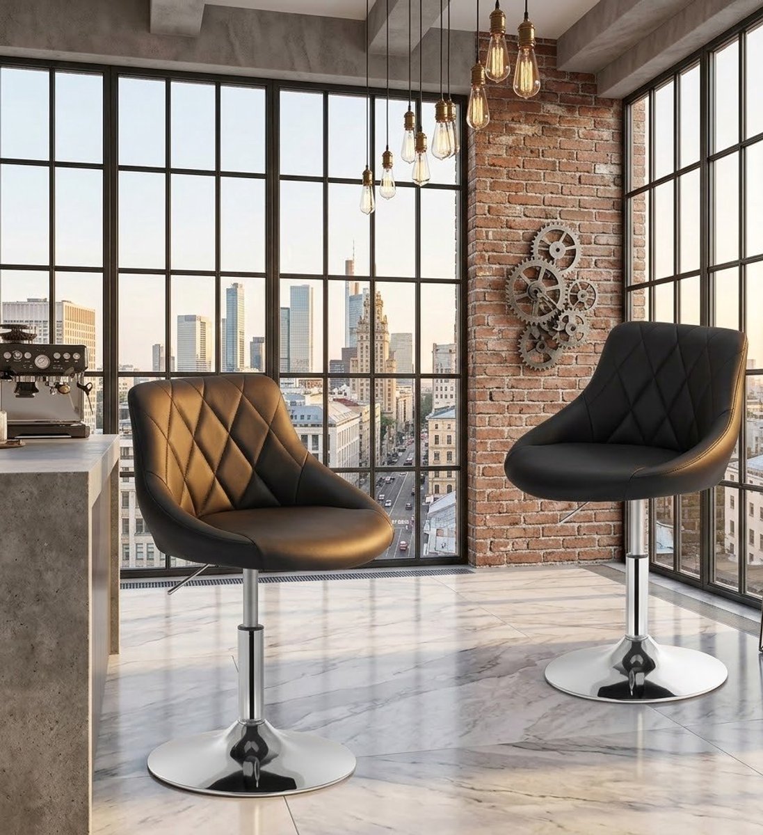 Luxe Verstelbare Barkruk Set van 2 met Rugleuning en 360° Draaifunctie – Kunstleer Barstoelen met Chroom Onderstel voor Keuken, Bar en Eettafel – Zwart | Casa Serena – Afmetingen op aanvraag – Casa...