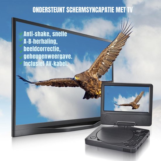 Nexvo® Draagbare DVD Speler - Externe DVD Speler - Externe cd Speler met Afstandsbediening - 7,5Inch Draaibaar HD-Scherm - Zwart - ‎19cm x 16cm x 4cm — afbeelding 3