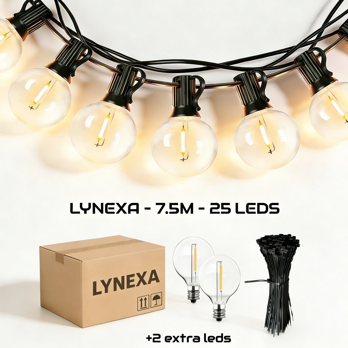 Lynexa G40 Lichtsnoer Buiten - 7.5m - 25 LED Warm Wit 2700K - Koppelbaar Lichtslinger - IP44 Waterdicht - EU Stekker - Energiezuinig - Sfeervolle Prikkabel Tuinverlichting - Kerstverlichting Buiten - 2 Extra Lampjes