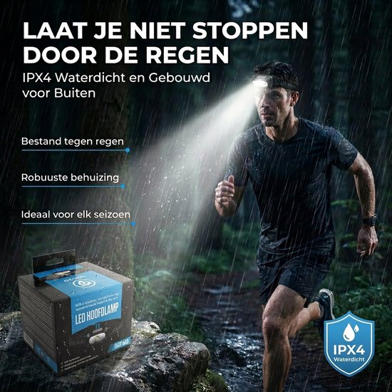 Man met waterdichte hoofdlamp rent door de regen, met afbeelding van de verpakking.