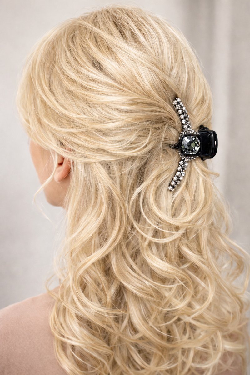 Haarklem - Dames - Haarclip - Haarsieraad - Haarclip - Haarspeld - Haar accessoires - Haargrijper Klein - Haarklauw - Zwart - Grijs - Strass Steentjes - 8 cmx3 cm - Uniek - Cadeau Tip