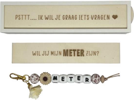 Porte-clés Wil jij mijn METER zijn? | beige | 3D | porte-clés | boîte avec une question | mètre | devenir des mètres | questions de marraine | devenir marraine | cadeau | psst ik wil je iets vragen