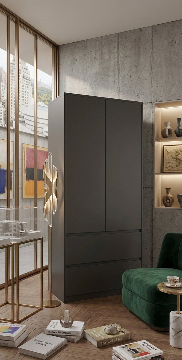 Moderne 2-Deurs Kledingkast met 2 Lades, 4 Planken en Kledingstang – Ruime Opbergkast voor Slaapkamer, Kinderkamer of Woonkamer – Zwart 181x90x51 cm – Novihome