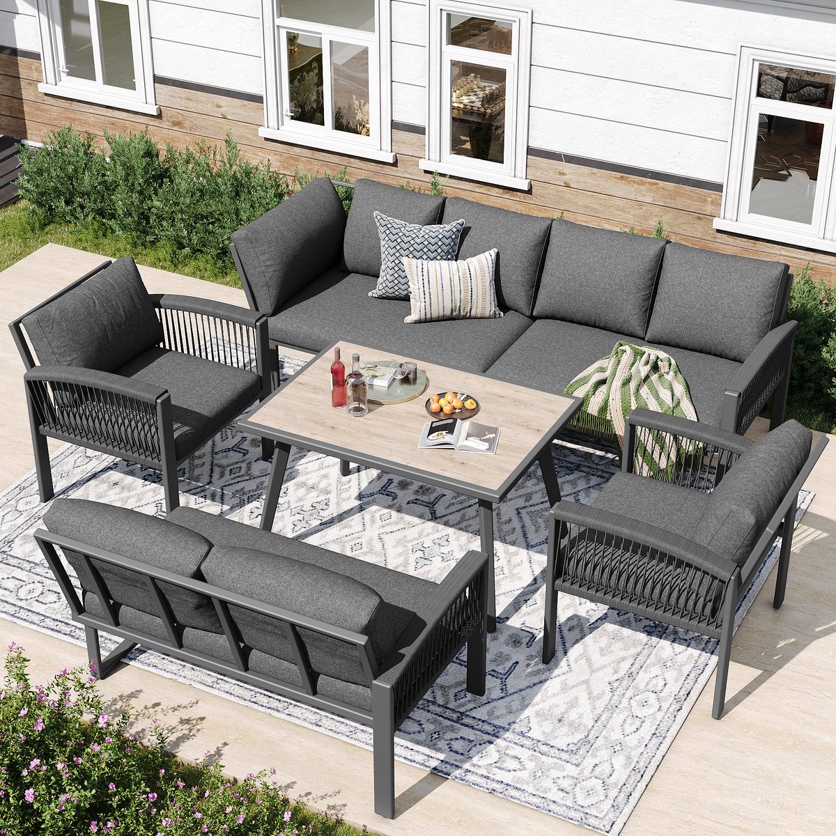 HAUSS SPOLE Tuin Loungeset 8 Personen 234 x 69 x 86 cm - Tafel Met Houtlook - Verstelbare Poten - Metaal En Polyester - Grijs