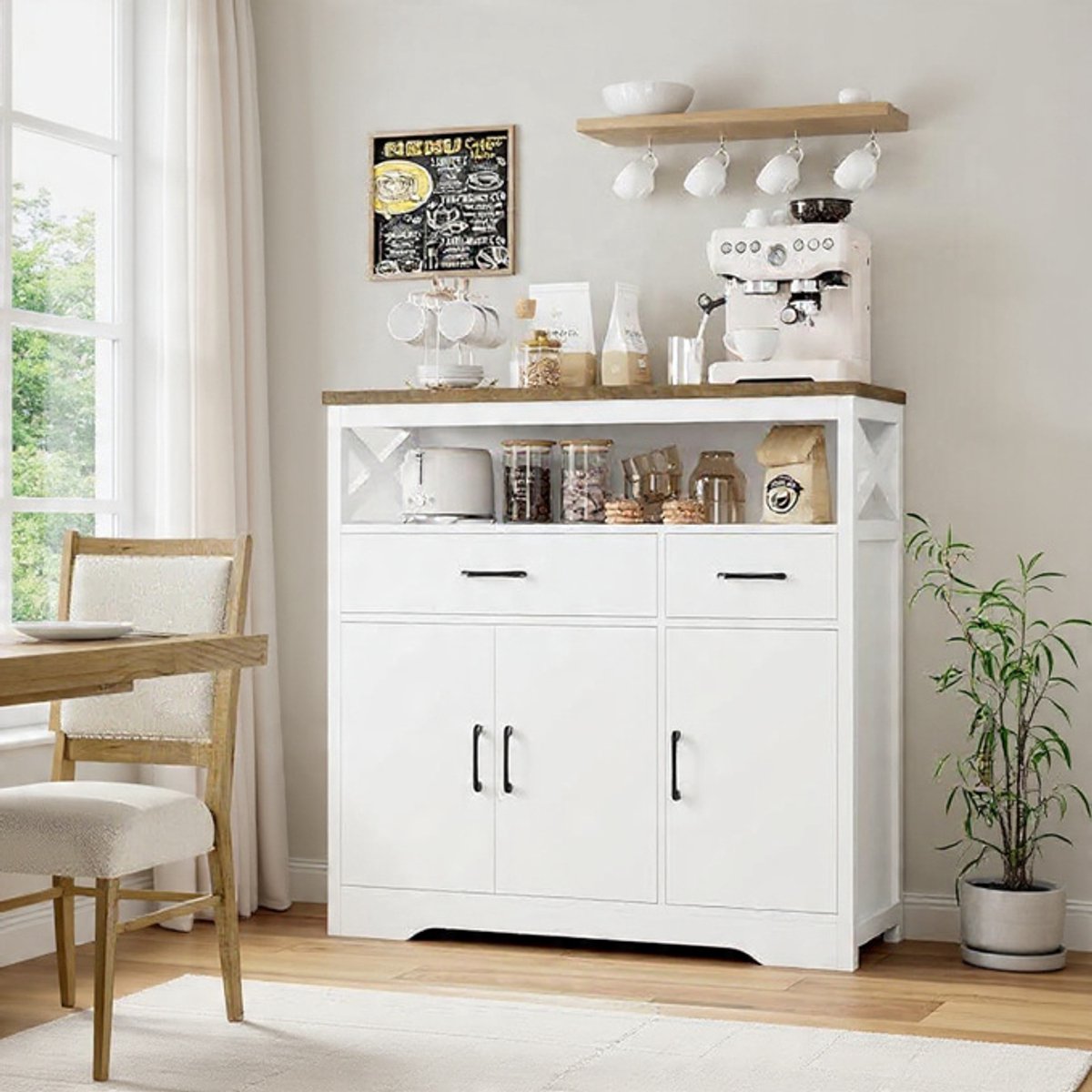 UrbanKitchen Dressoir met Werkblad en 2 Laden – Buffetkast met 3 Deuren, Keukenkast met Verstelbare Plank, Opbergkast voor Woonkamer, Eetkamer en Keuken 105 cm – Wit Bruin – Novihome