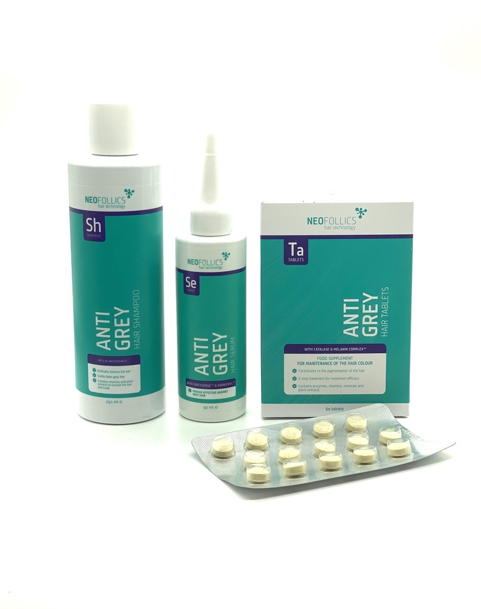 Neofollics Anti Grey Treatment set voor donker haar - Shampoo - Serum - Tablets - Verdonkert grijs haar geleidelijk – Voedt haar & hoofdhuid – Met antioxidanten & plantenextracten – Voor mannen & vrouwen