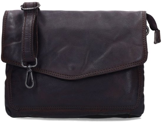 No Stress Bruine Leren Unisex Schoudertas Met Drukknoop - Maat Onesize