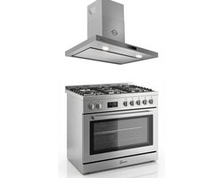 Gasfornuis Roestvrij staal Gas Elektro Fornuis 90 cm 126 L Aardgas Fl.Gas 4 Kw WOK, Zelfreinigend GCH E 818 X+Afzuigkap 90 cm CH 5001